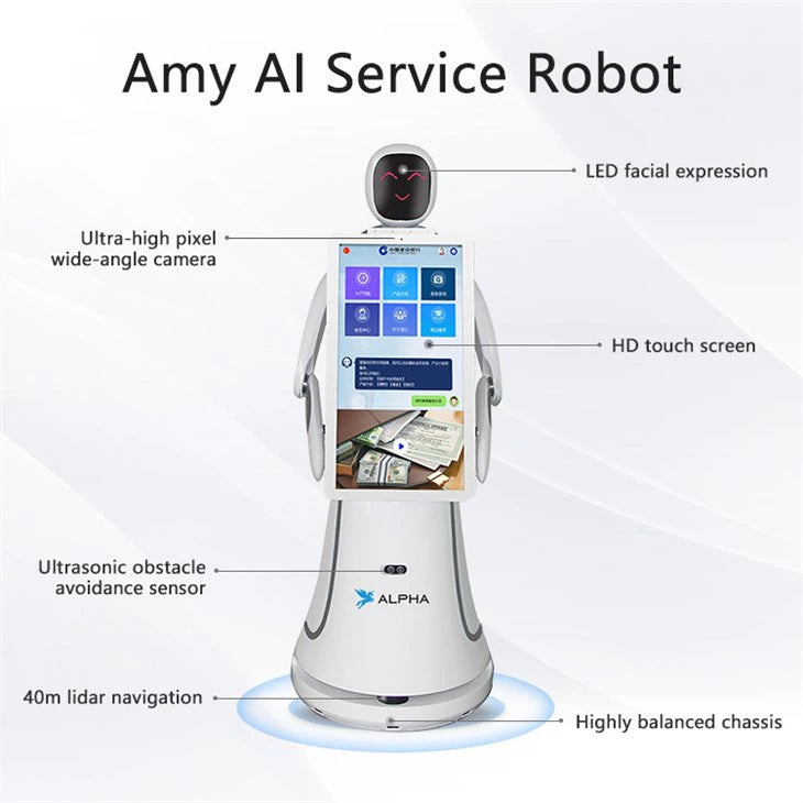 Alpha Robotics Airport Guiding Robot Amy – Multilingual AI Travel Assistant with 21.5-inch Touchscreen