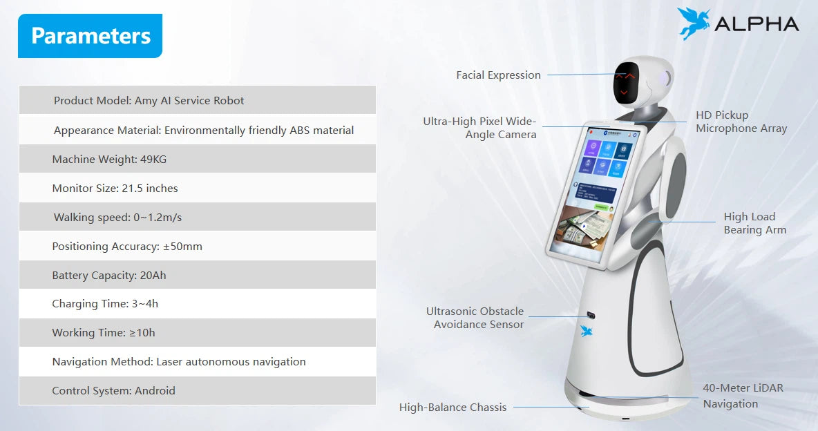 Alpha Robotics Airport Guiding Robot Amy – Multilingual AI Travel Assistant with 21.5-inch Touchscreen